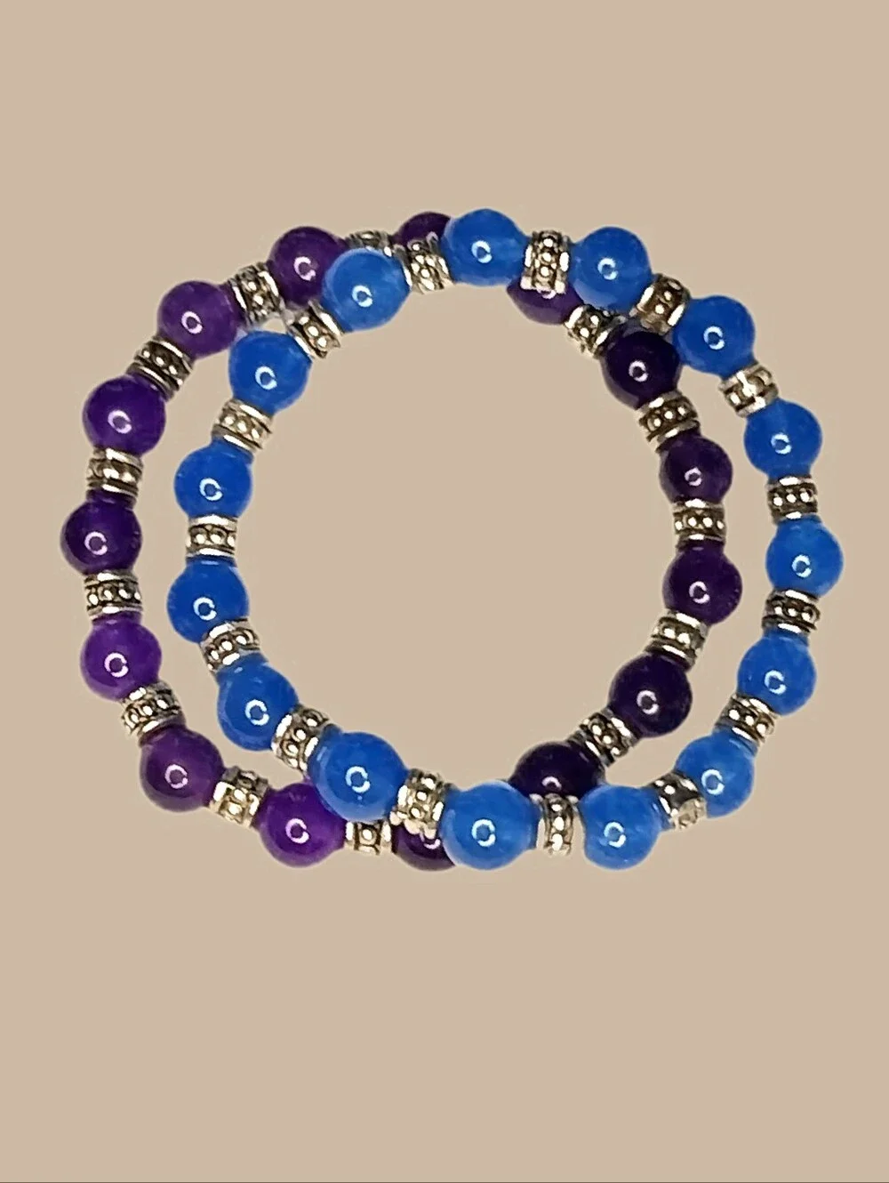 Pair of Two Amethyst and Blue Topaz Matching Beaded Stretch Bracelets Boho Gift